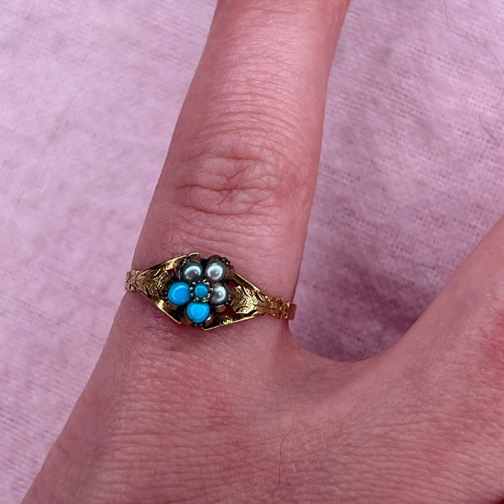 14K Gold Georgian/ Victorian Seed Pearl & Persian Turquoise Flower Cluster Ring